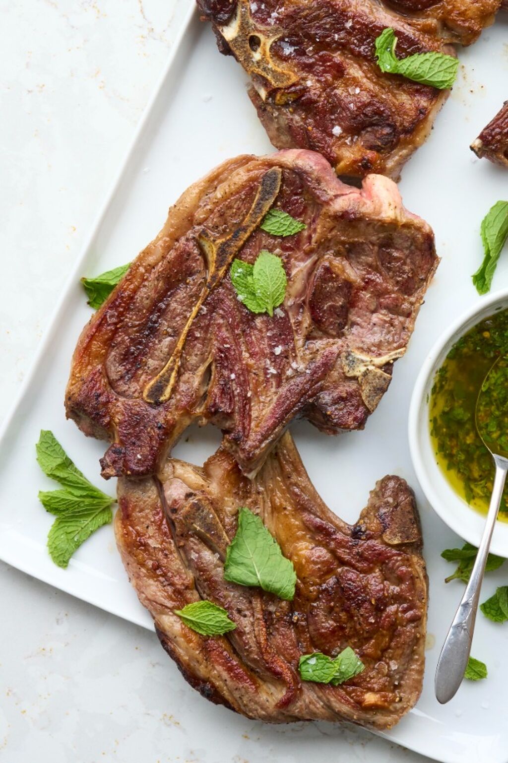 Grilled American Lamb Shoulder Chops with Mint Salsa Verde