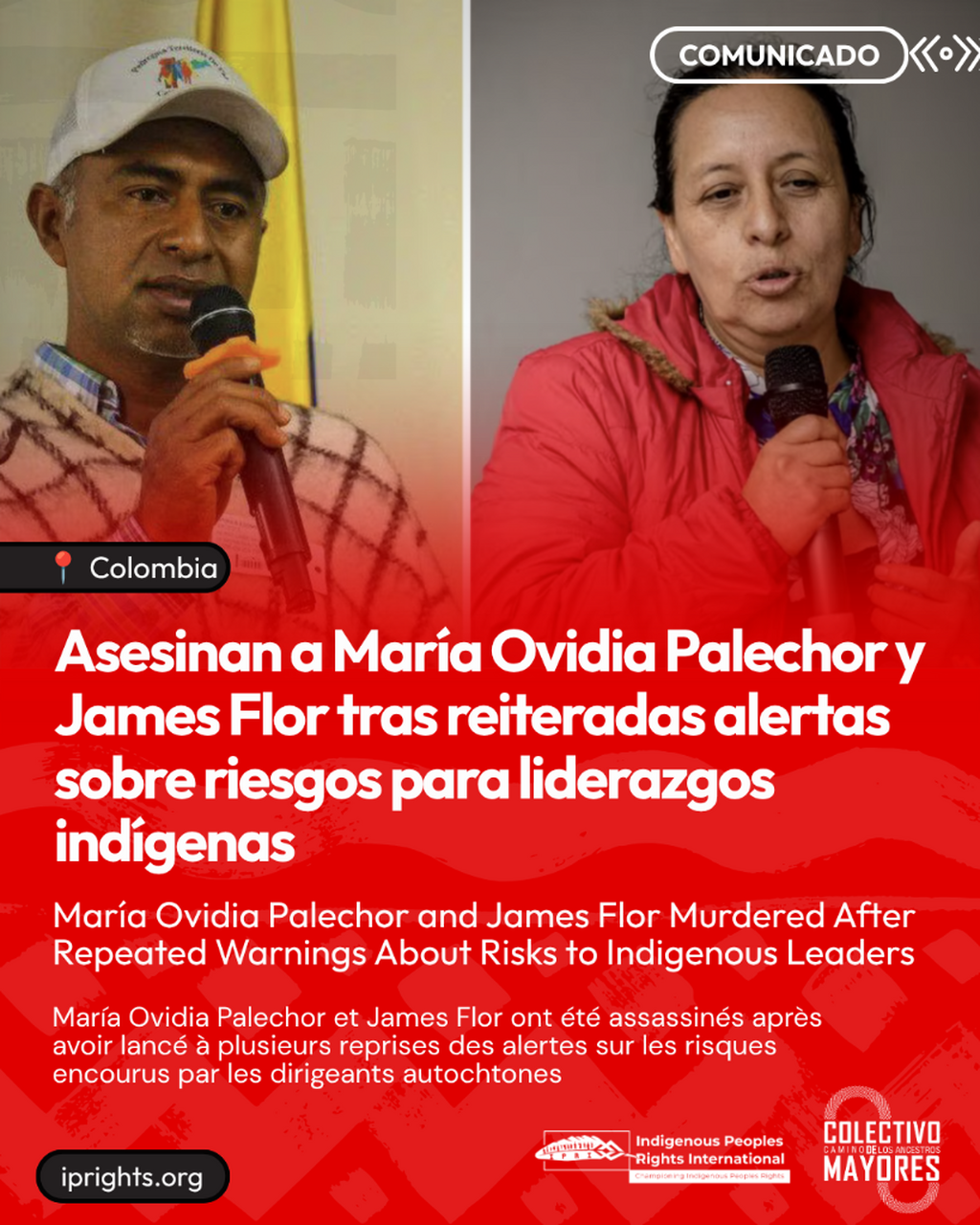 Colombia: asesinan a Mar&iacute;a Ovidia Palechor y James Flor tras reiteradas alertas sobre riesgos para liderazgos ind&iacute;genas