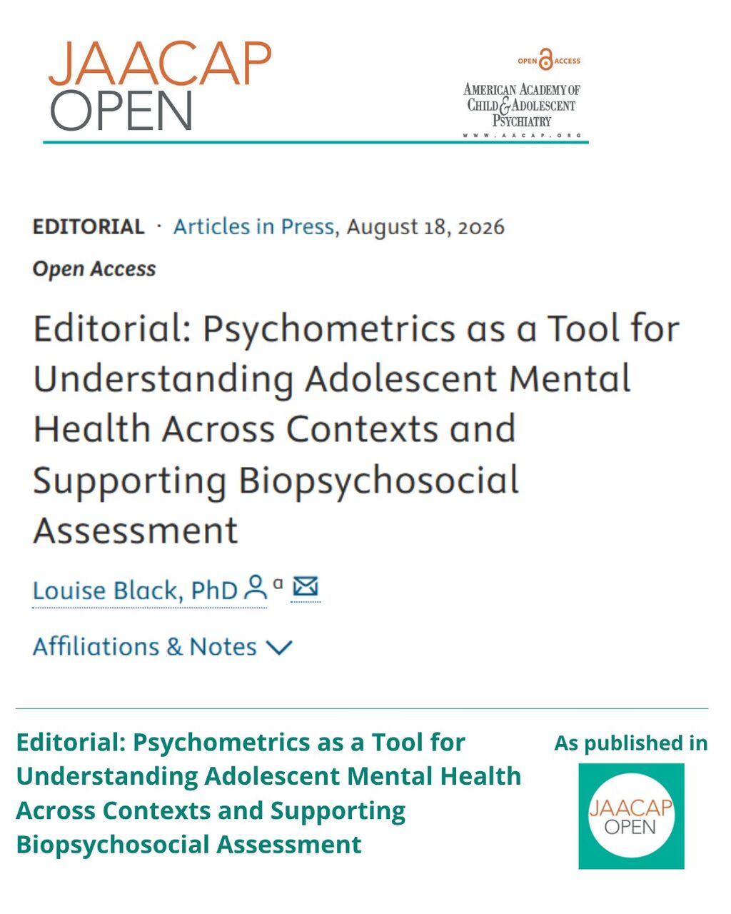 Editorial: Psychometrics as a Tool for Understanding Adolescent Mental Health Across Contexts and Supporting Biopsychosocial Assessment