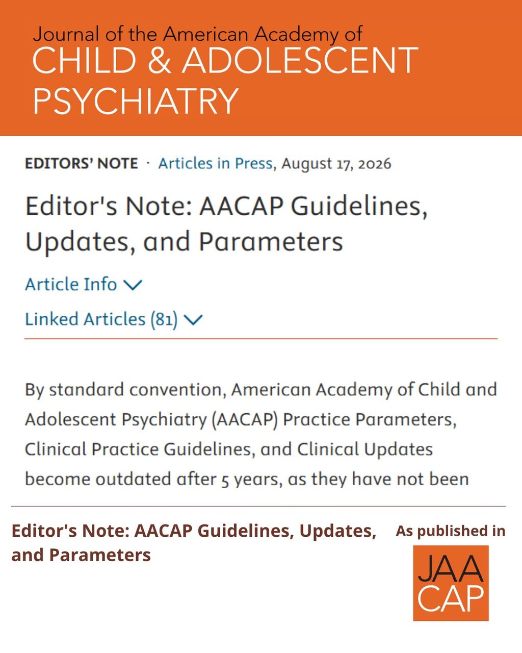 Editor's Note: AACAP Guidelines, Updates, and Parameters