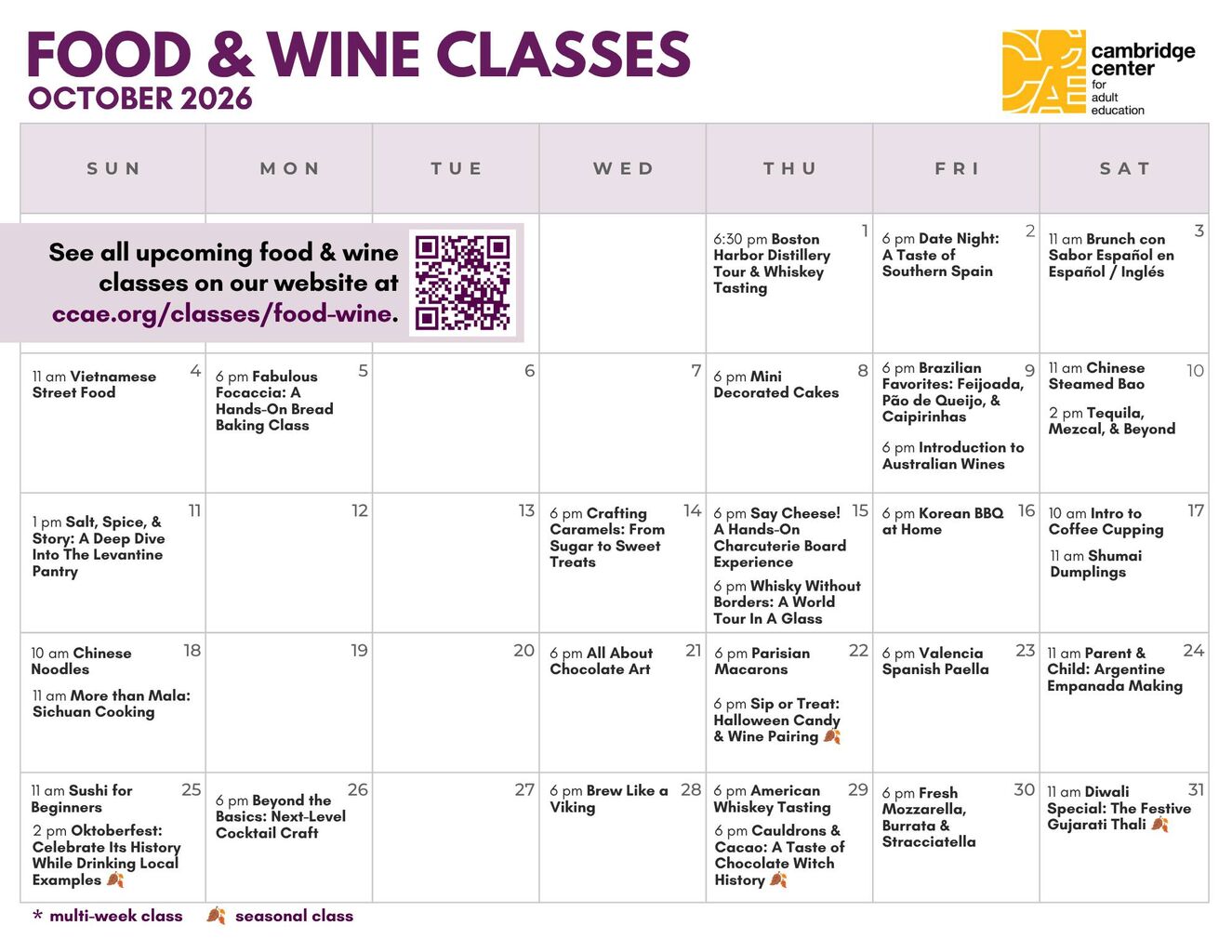 October 2026 Food & Wine Classes