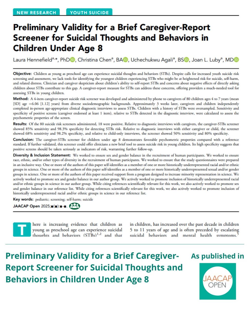 Preliminary Validity for a Brief Caregiver-Report Screener for Suicidal Thoughts and Behaviors in Children Under Age 8