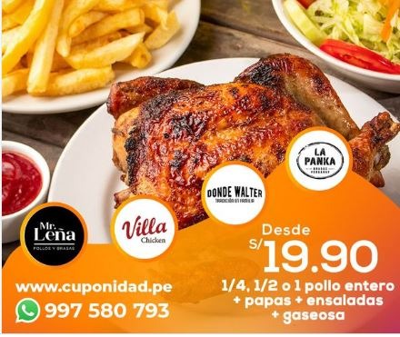 POLLO CON PAPAS: LA PANKA, las alitas, d&acute; carbon, MR LE&Ntilde;A, 1/4, 1/2 Y 1 POLLO ENTERO