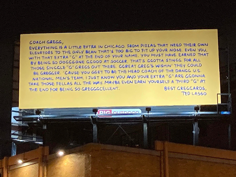 Ted Lasso is cheering on the US Men's National Soccer Team via billboards