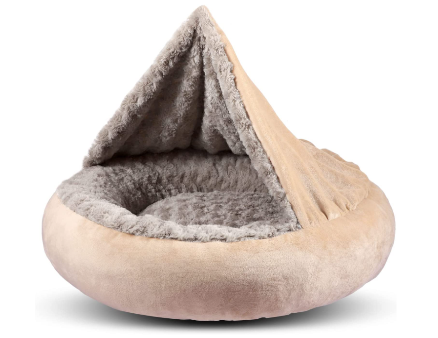 Small Round Donut Calming Dog Beds for Small Dogs, Anti-Anxiety Cave Bed with Hooded Blanket, Machine Washable 23"