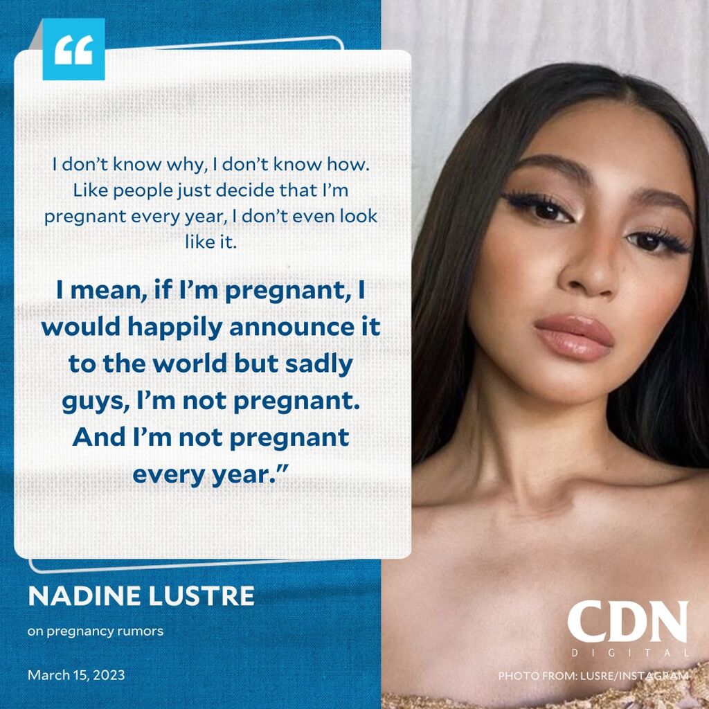 Nadine Lustre says being &lsquo;pregnant&rsquo; is &lsquo;craziest rumor&rsquo; she heard about herself: &lsquo;And it happens every year!&rsquo;  Read more: https://cebudailynews.inquirer.net/493356/nadine-lustre-says-being-pregnant-is-craziest-rumor-she-heard-about-herself-and-it-happens-