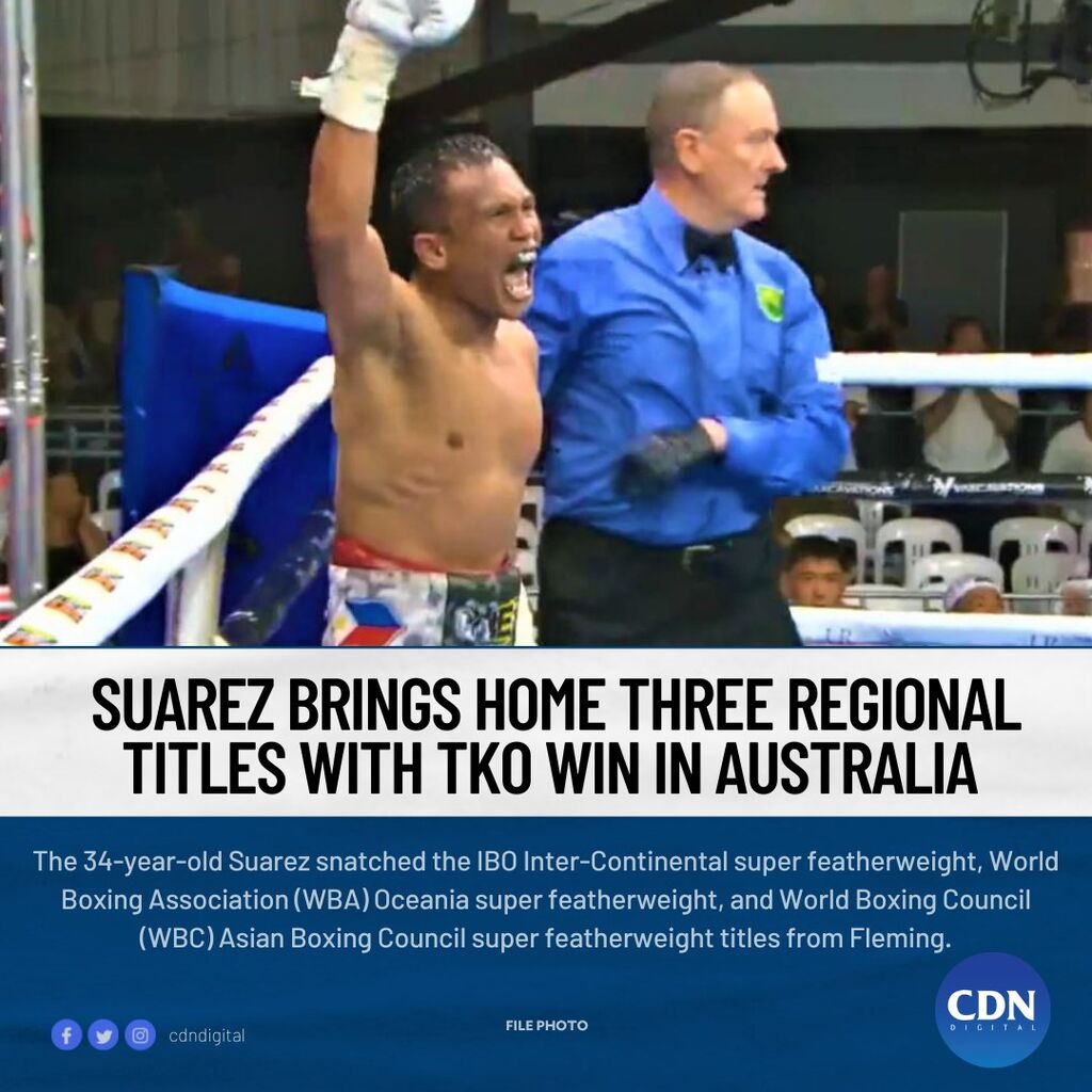Suarez brings home three regional titles with TKO win in Australia