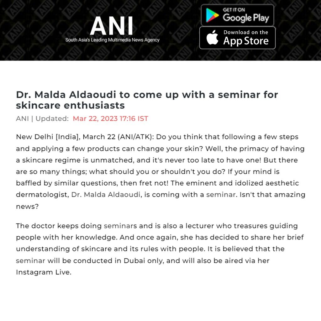 Dr. Malda Aldaoudi to come up with a seminar for skincare enthusiasts Read more At:  https://aninews.in/news/business/business/dr-malda-aldaoudi-to-come-up-with-a-seminar-for-skincare-enthusiasts20230322171656/