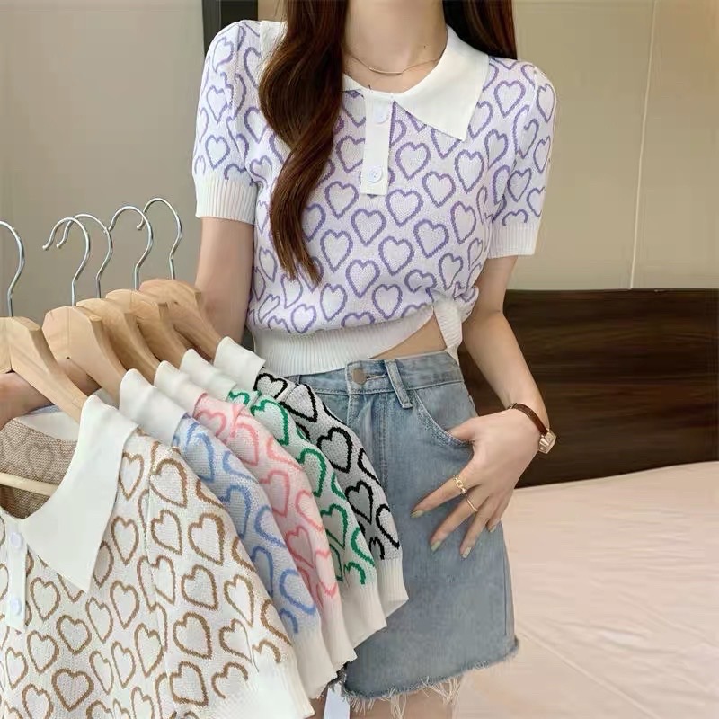 ￼[Ready Stock] blackpink-Jennie chic heart print polo collar loose women clothes all