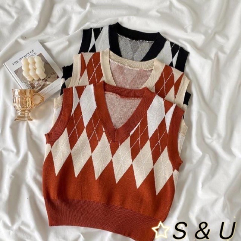 ￼S & U 3-Colors New Retro contrast diamond V-neck short plaid knitted sleeveless vest women