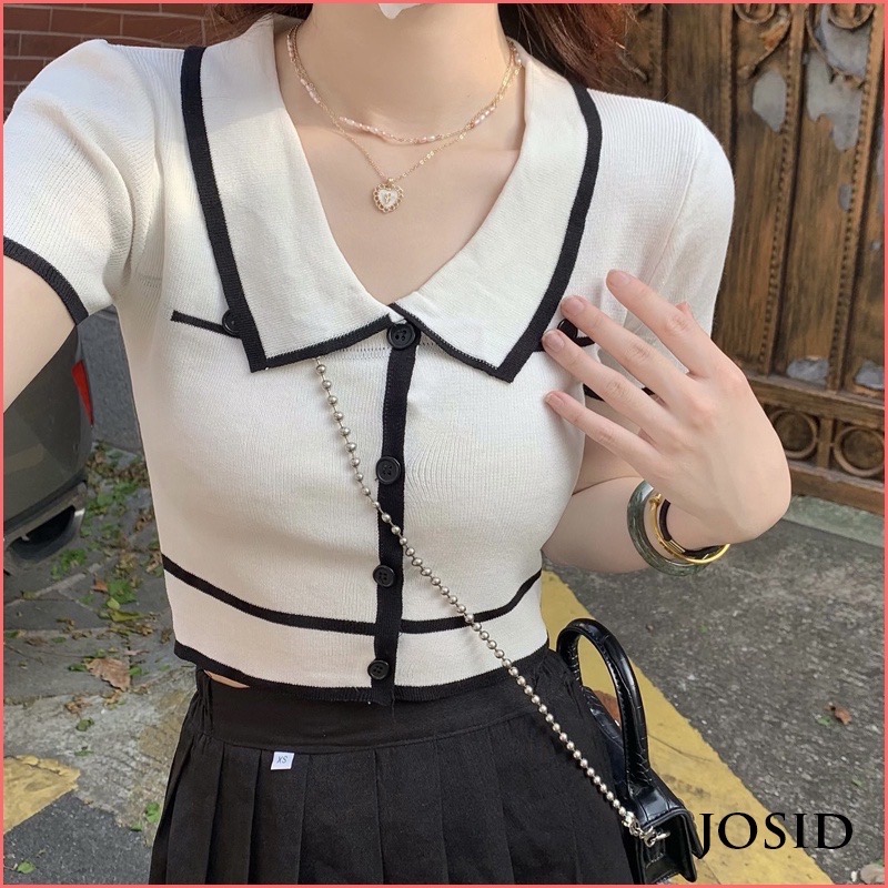 ￼【Spot goods】T-shirt Thin Summer Sweet Polo Collar Short-sleeved Knitted Sweater Top Women