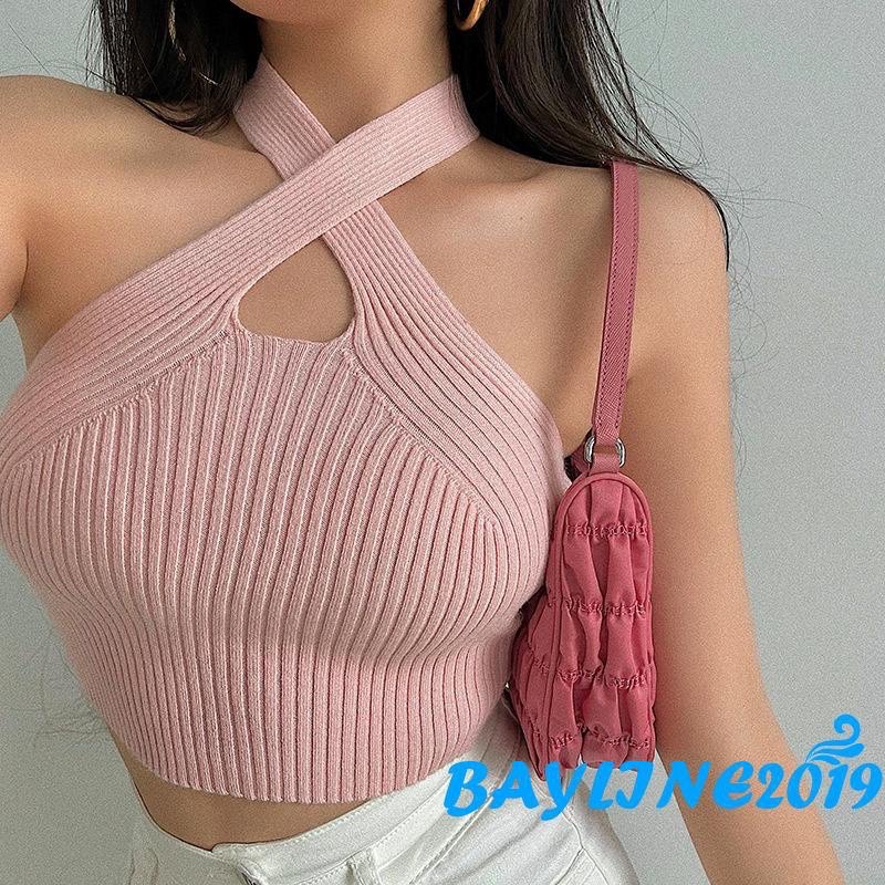 ￼BAY-Women Close-fitting Simple Style Tank Tops Solid Color Halter Neck Sleeveless Crop Tops