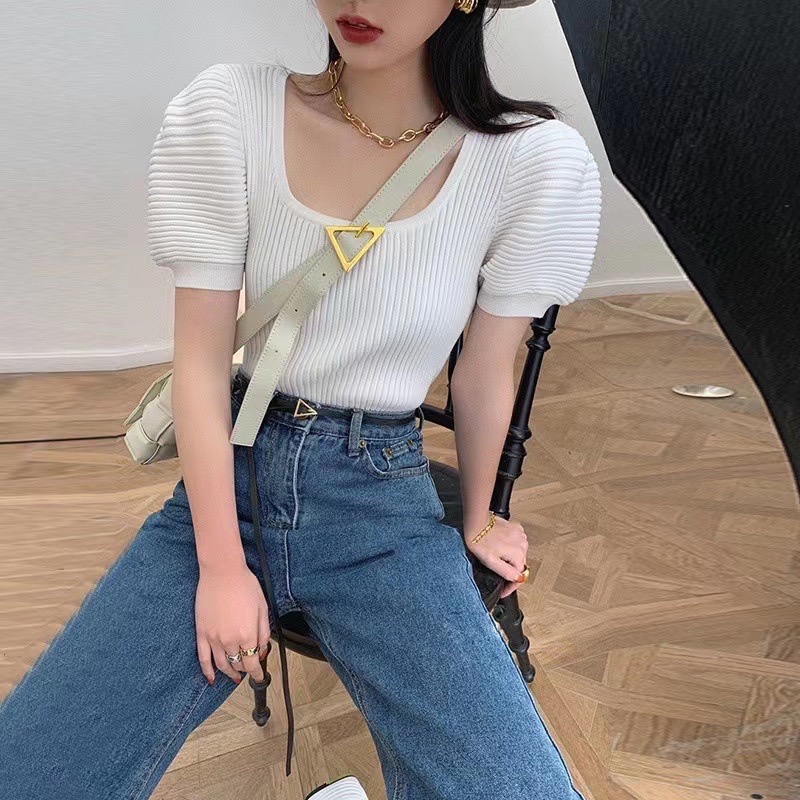 Knitted Top Women's All-match Puff Sleeves Big Round Neck Slim Short Ice Silk