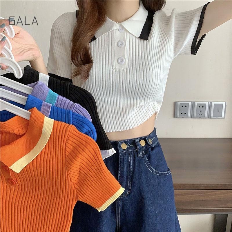 Korean Casual Short Sleeves Polo Collar Crop Top Lapel Knitted Tops Women T-Shirt gala