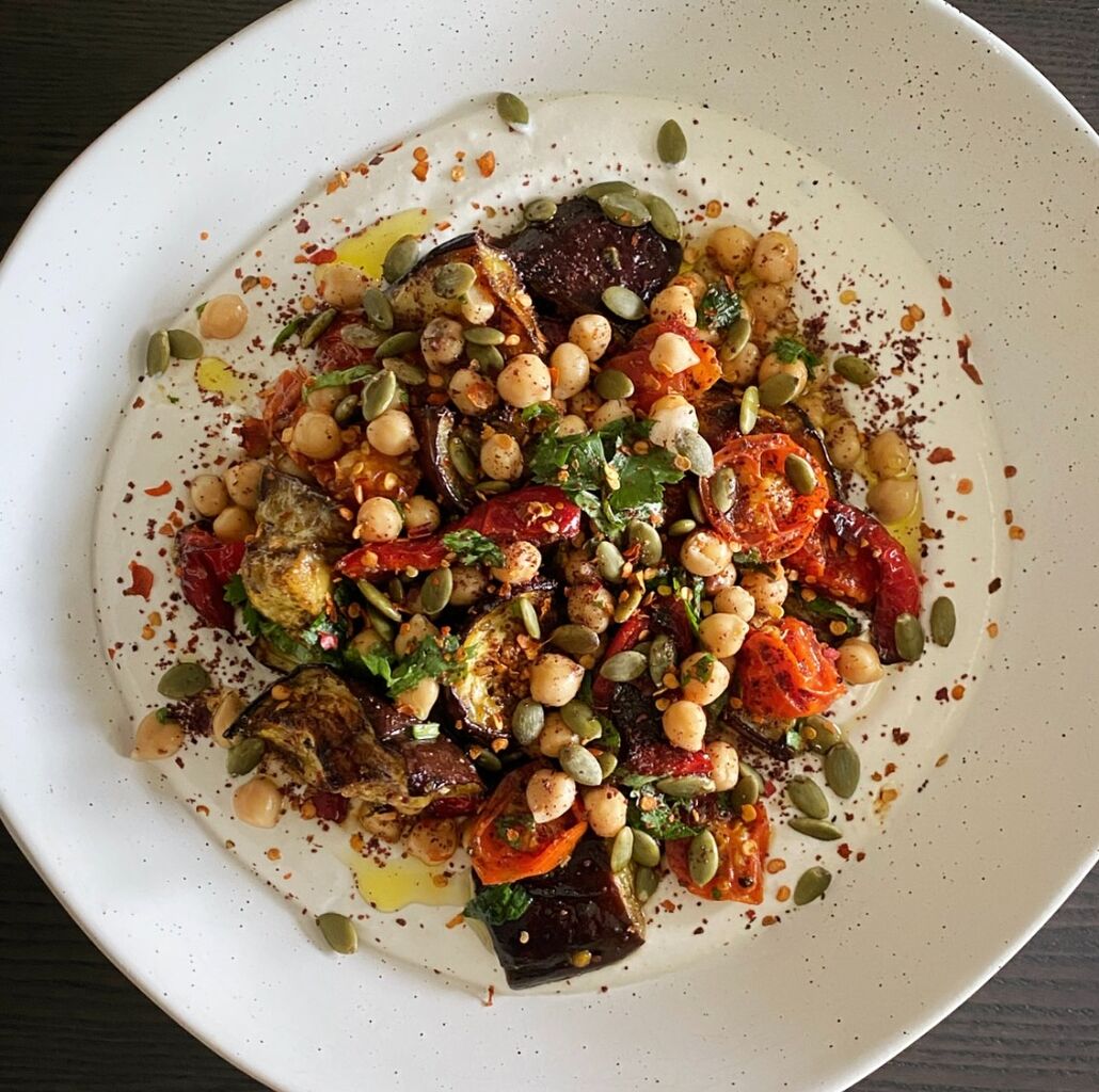 Roasted Eggplant & Chickpea Salad with Tahini Yogurt Sauce