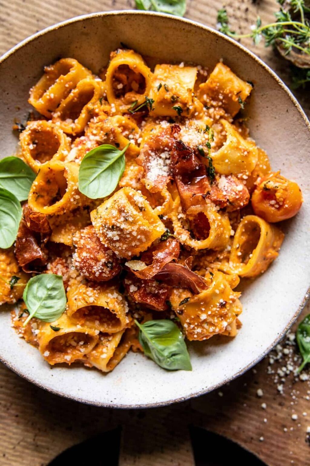 Creamy Roasted Tomato Ricotta Pasta with Crispy Prosciutto