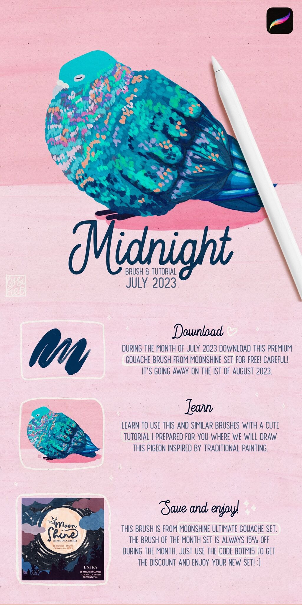 🩵 Procreate free premium brush & tutorial of the month - Midnight (Moonshine ultimate gouache set)