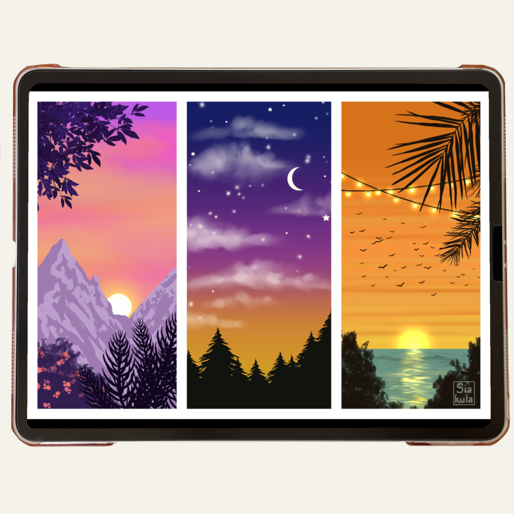 3 landscapes drawing tutorial in Procreate 