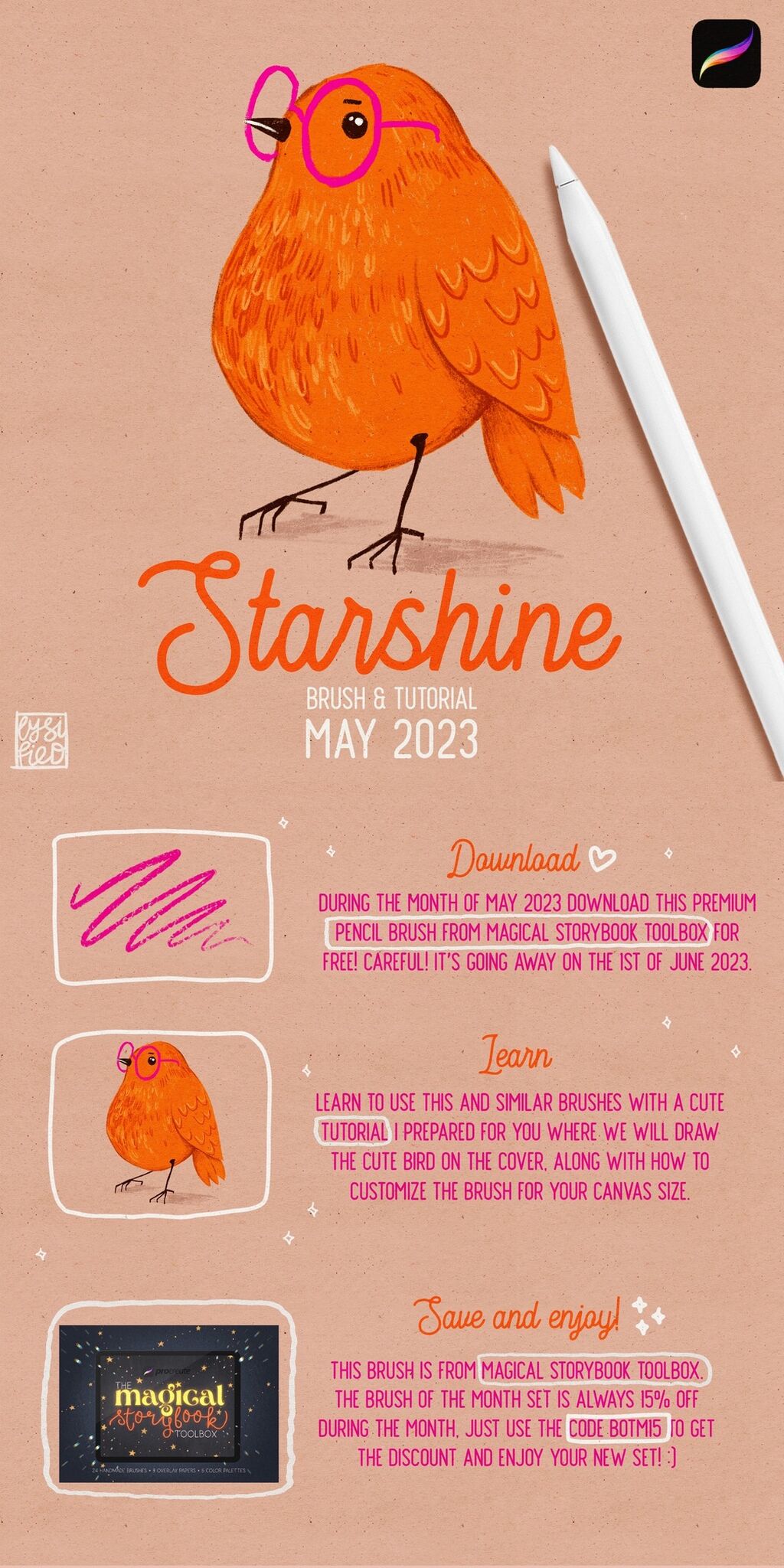 🧡 Procreate free premium brush & tutorial of the month - Starshine (Magical storybook toolbox)