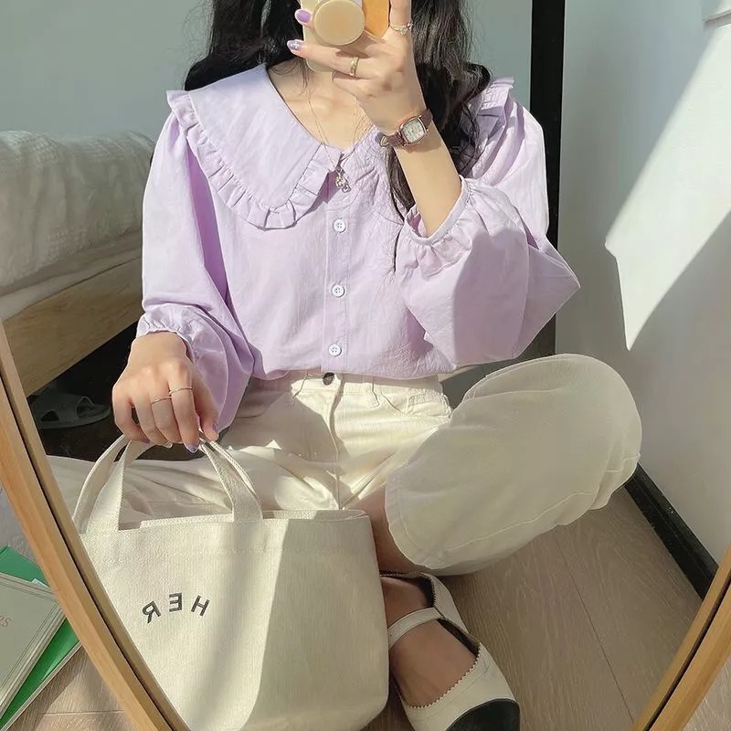 พิกัด shopee🌷เสื้อเชิ้ตคอตุ๊กตา 🌷วินเทจฝรั่งเศส