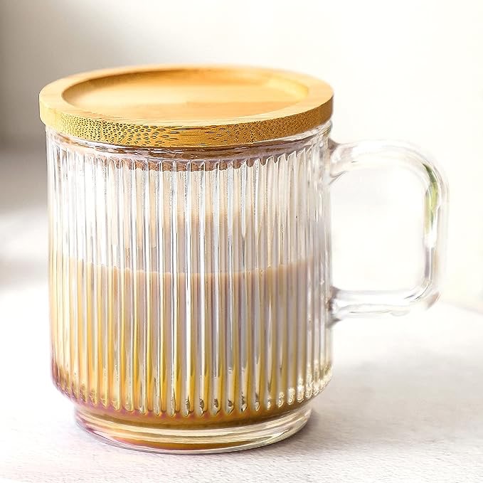 Textured glass coffee tea mug with lid 
