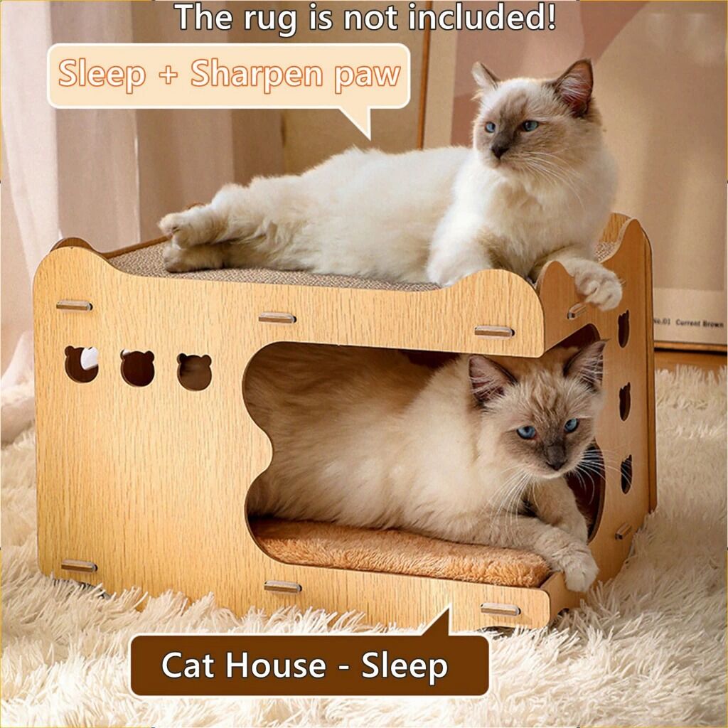 WOODEN CAT HOUSE WITH SCRATCHER BED