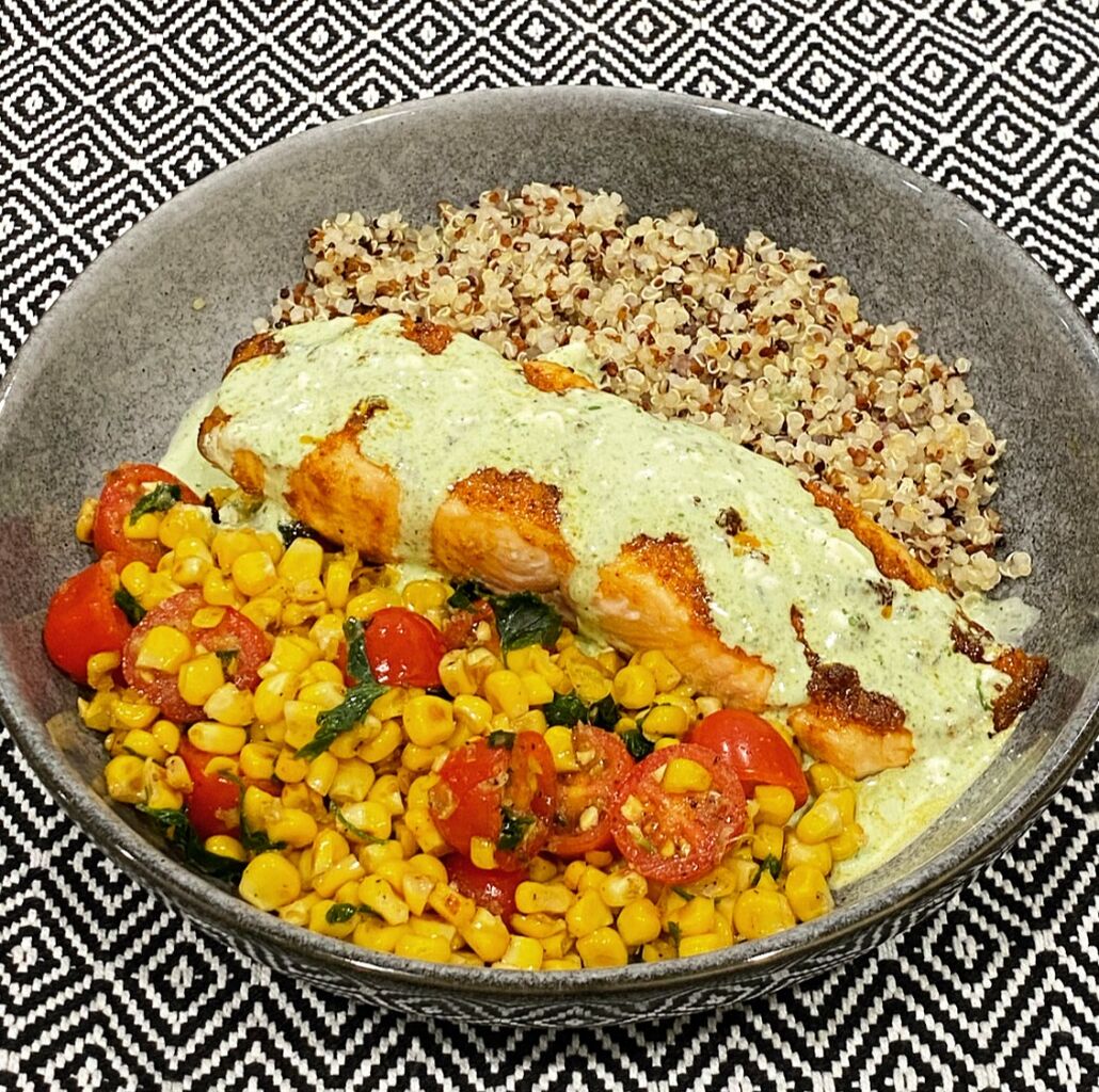 (Healthy) Salmon with Basil Sauce and Tomato Salad