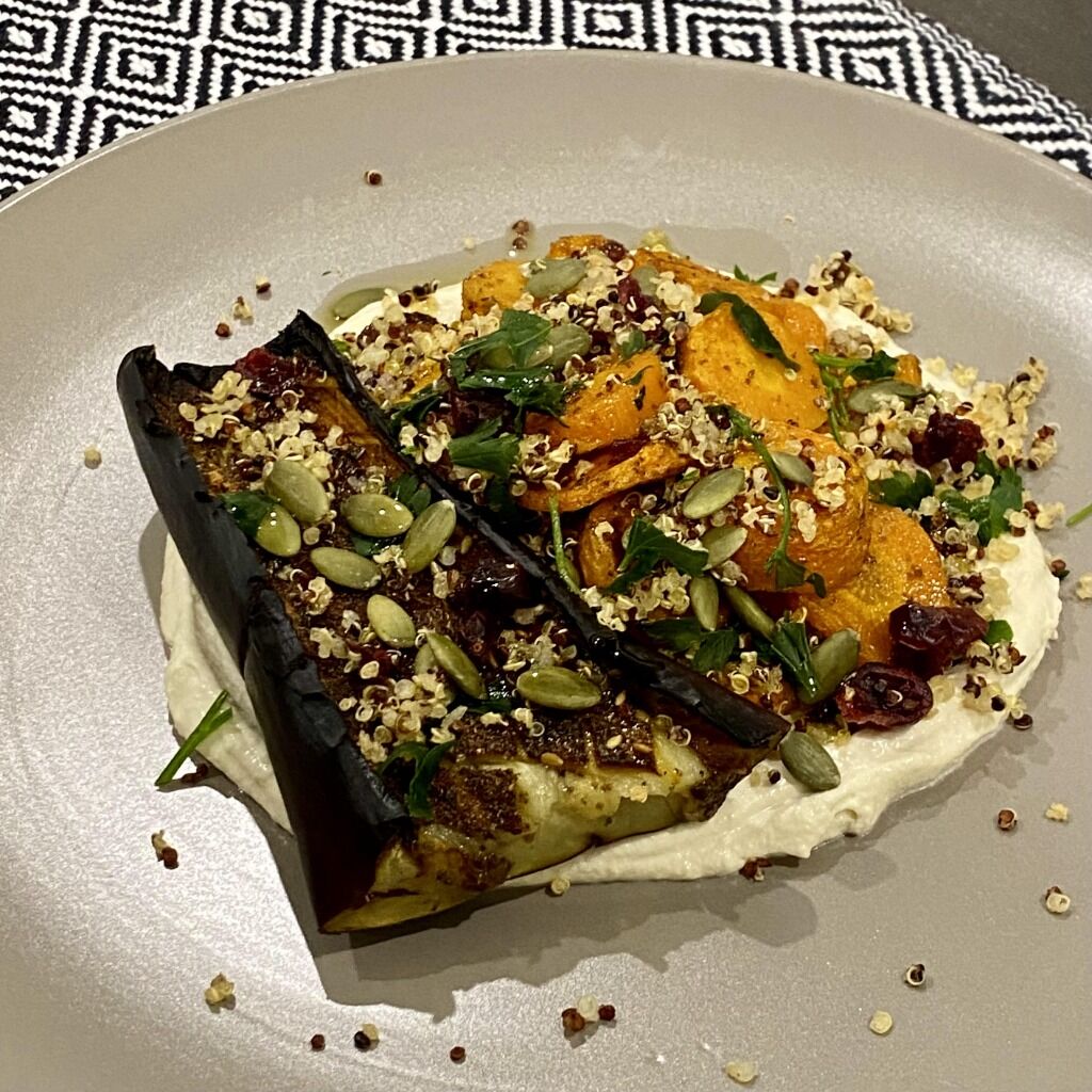 Roasted Eggplants & Carrots with Whipped Tahini & Crispy Quinoa