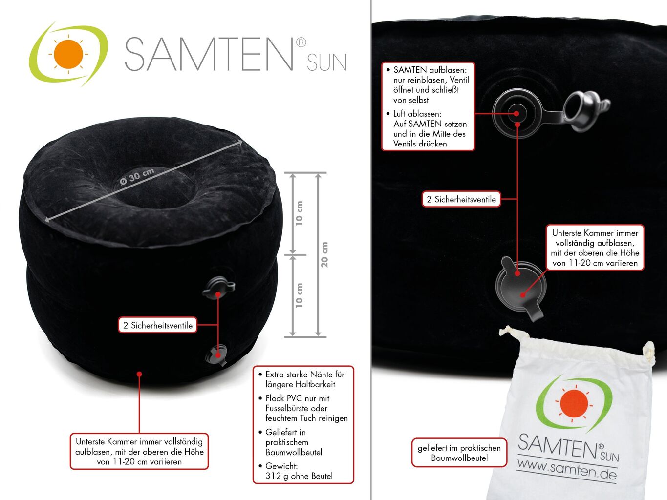SAMTEN SUN NEU SCHWARZ - DAS RUNDE, AUFBLASBARE REISE-MEDITATIONSKISSEN NUR 312G, YOGA ZAFU, KAPOK - Schwarz