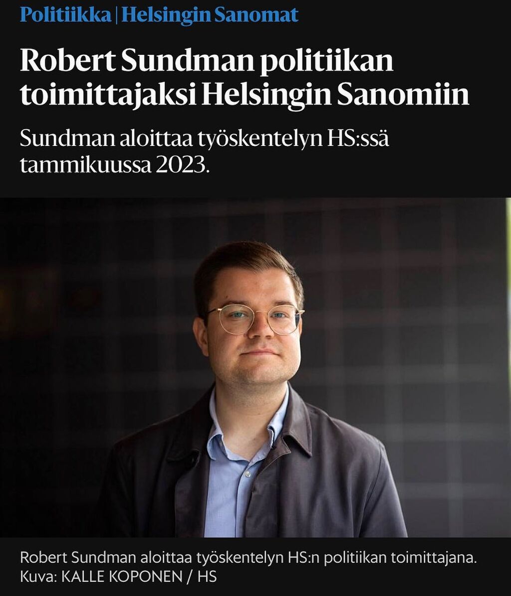 HS.fi: Robert Sundman politiikan toimittajaksi Helsingin Sanomiin