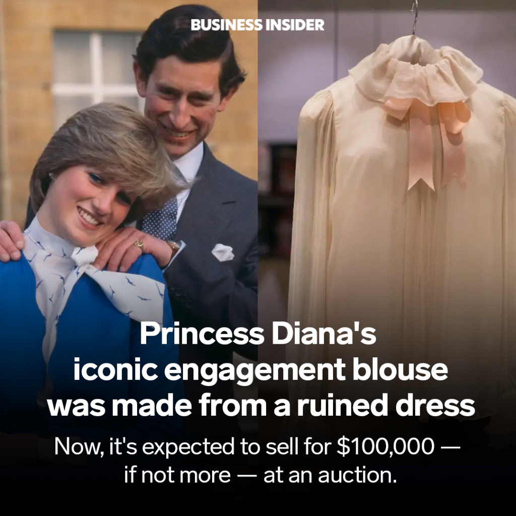 Princess Diana's iconic engagement blouse was made from a ruined dress. Now, it's expected to sell for $100,000 &mdash; if not more &mdash; at an auction.