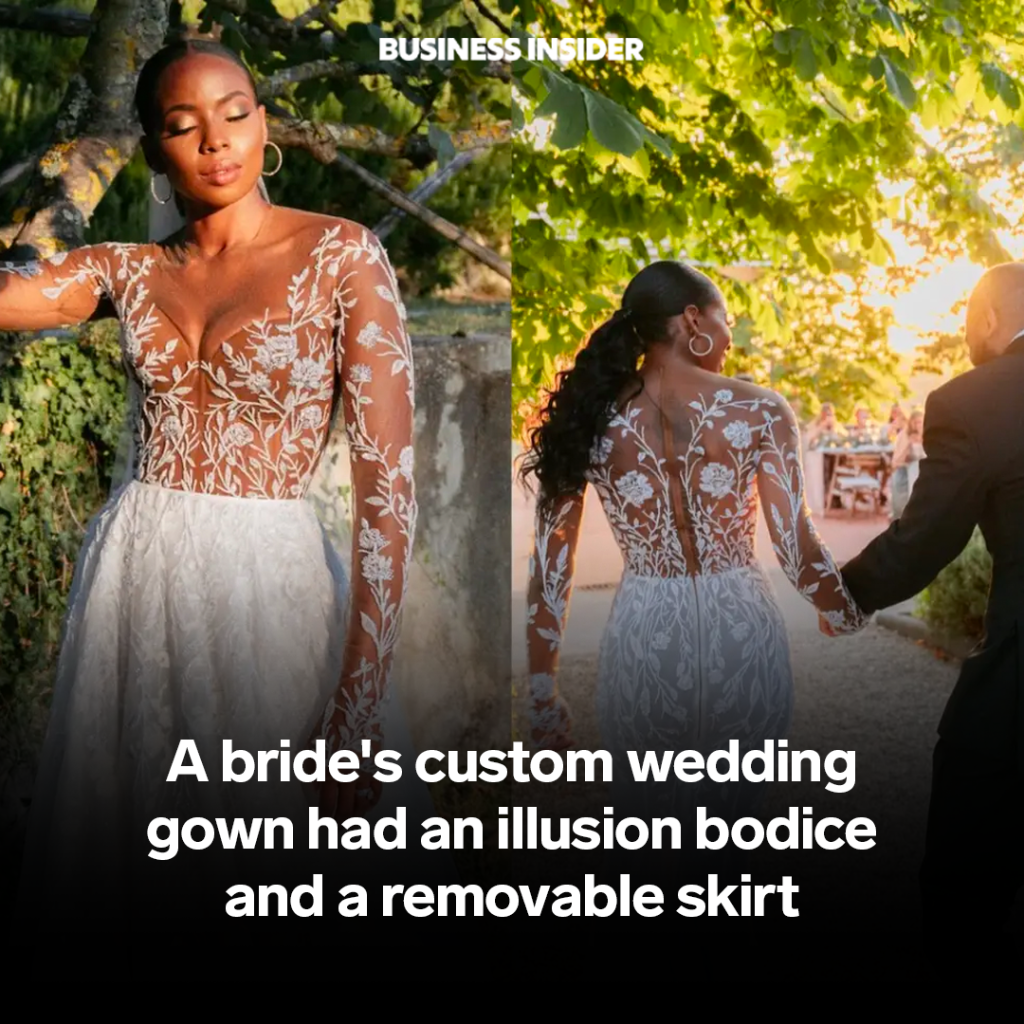 A bride's custom wedding gown had an illusion bodice and a removable skirt