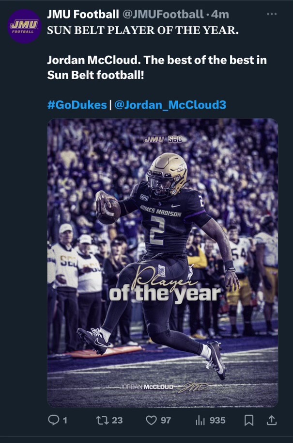 Jordan McCloud Sunbelt Player of The Year