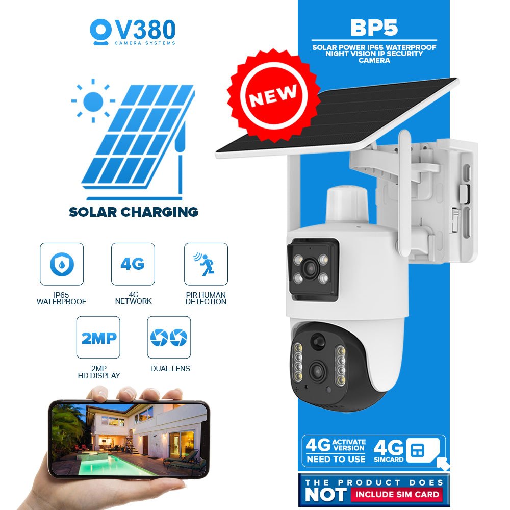 Wireless Solar 4G CCTV V380 BP5 4G Solar-powered PTZ Dual Camera CCTV