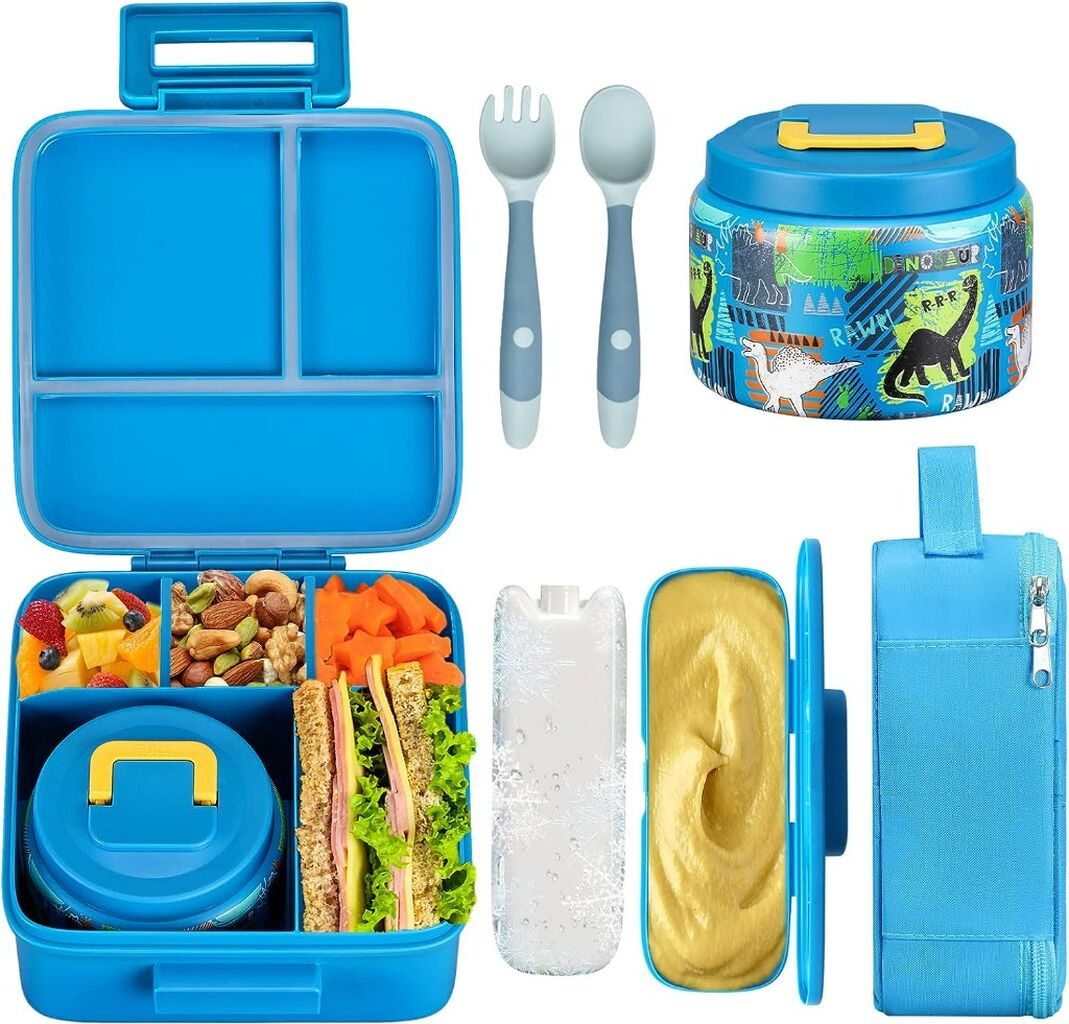 8oz Soup thermo,Leak-proof Lunch Containers with 5 Compartment,thermo Food Jar and Lunch Bag, Food Containers for School (A-Blue(Dinosaur)