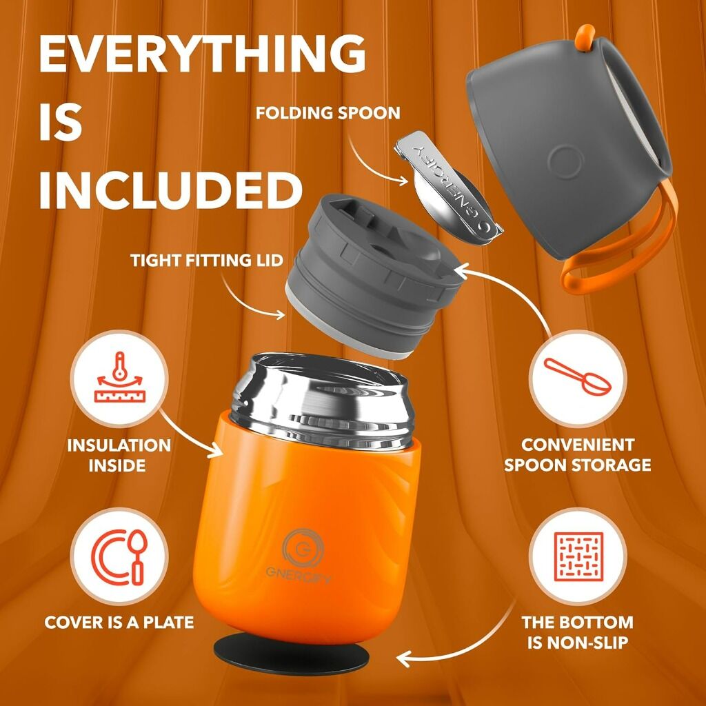17oz Thermos Includes Folding Spoon and Cup. Hot & Cold Lunch, Drinks Container For Kids and Adults.