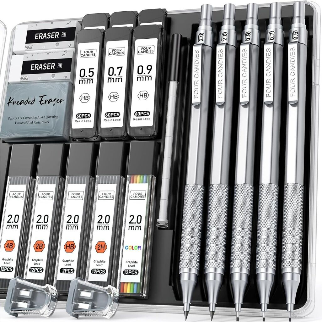 Mechanical Drawing Pencils with 420PCS Leads (4B 2B HB 2H Color) for Writing Sketching Drawing (Silver)