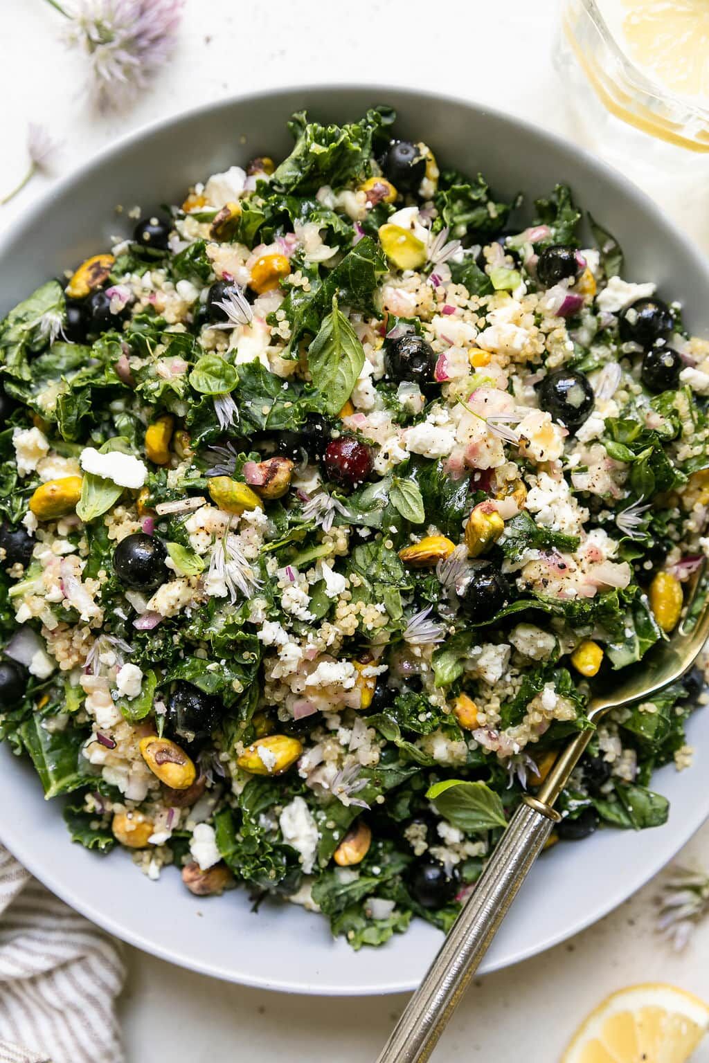 Quinoa Kale Salad with Blueberries and Feta (Fresh, Healthy)