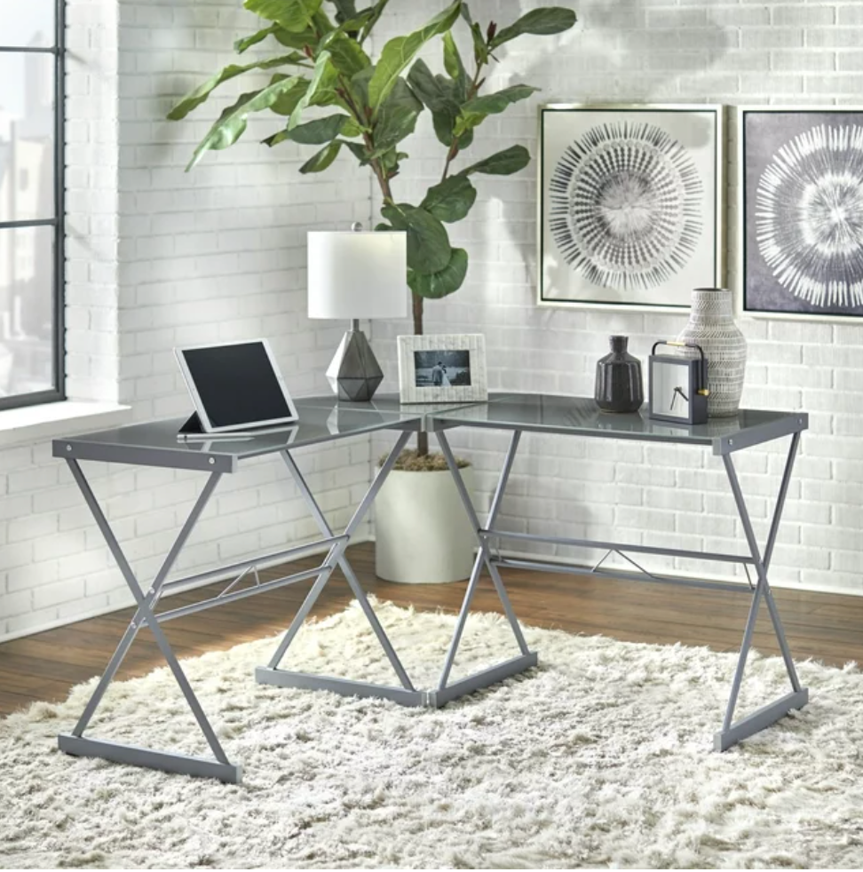 Atrium Metal and Glass L-shaped Computer Desk, Gray $73