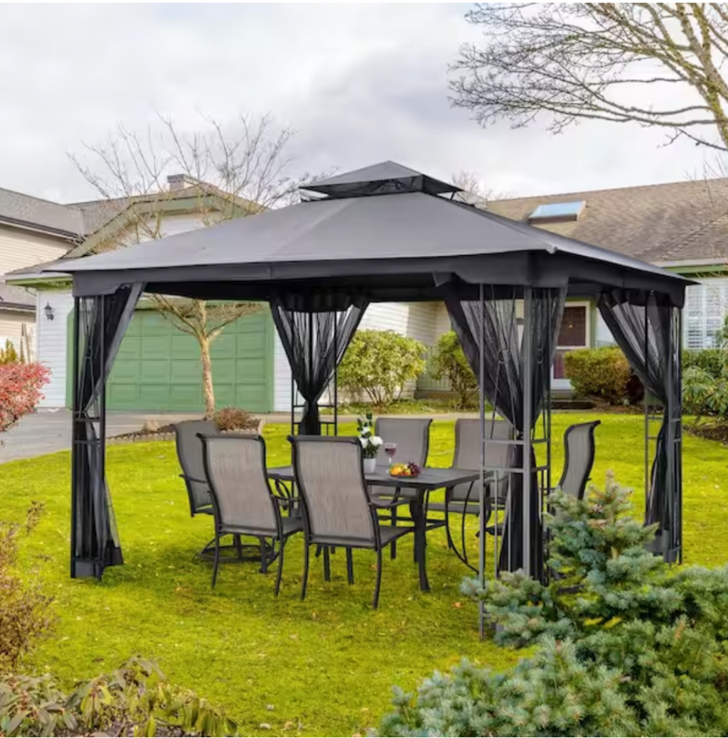 $279 12 ft. W x 10 ft. D Gray Double Roof Patio Gazebo with Mosquito Net