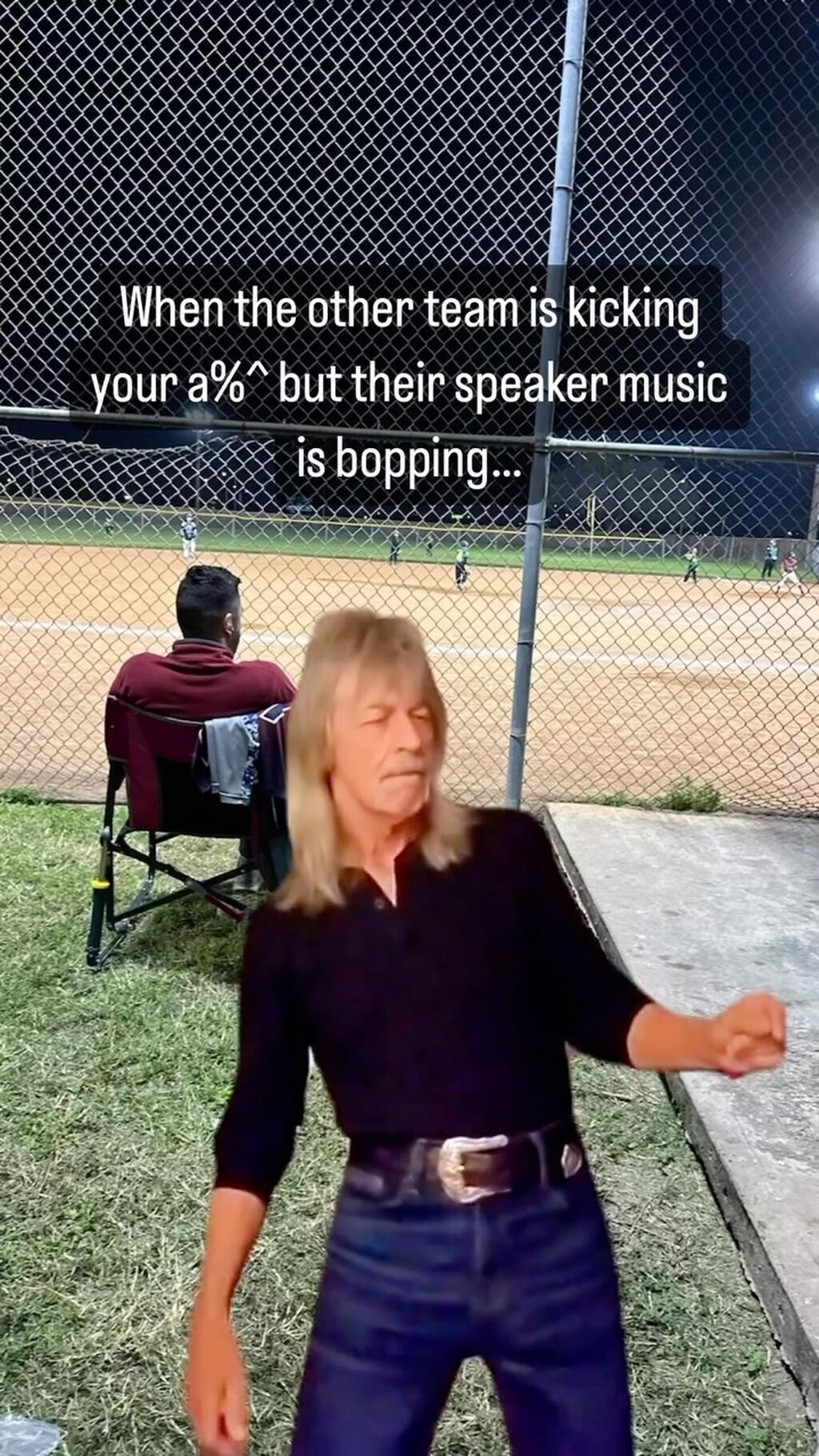 When the other team is kicking your a** but their speaker music is bopping at fastpitch tournament...