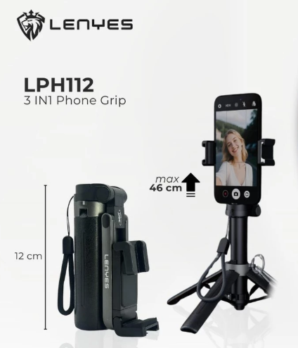 LENYES Mini Selfie Tripod Tongsis Bluetooth Hand Grip 3in1 Vlog Video Stick 360 Derajat LPH112