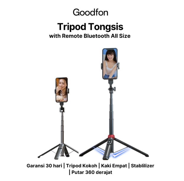 GOODFON Tripod Bluetooth Remote Tongsis Selfie Stick Vlogging Stabil dan Kokoh