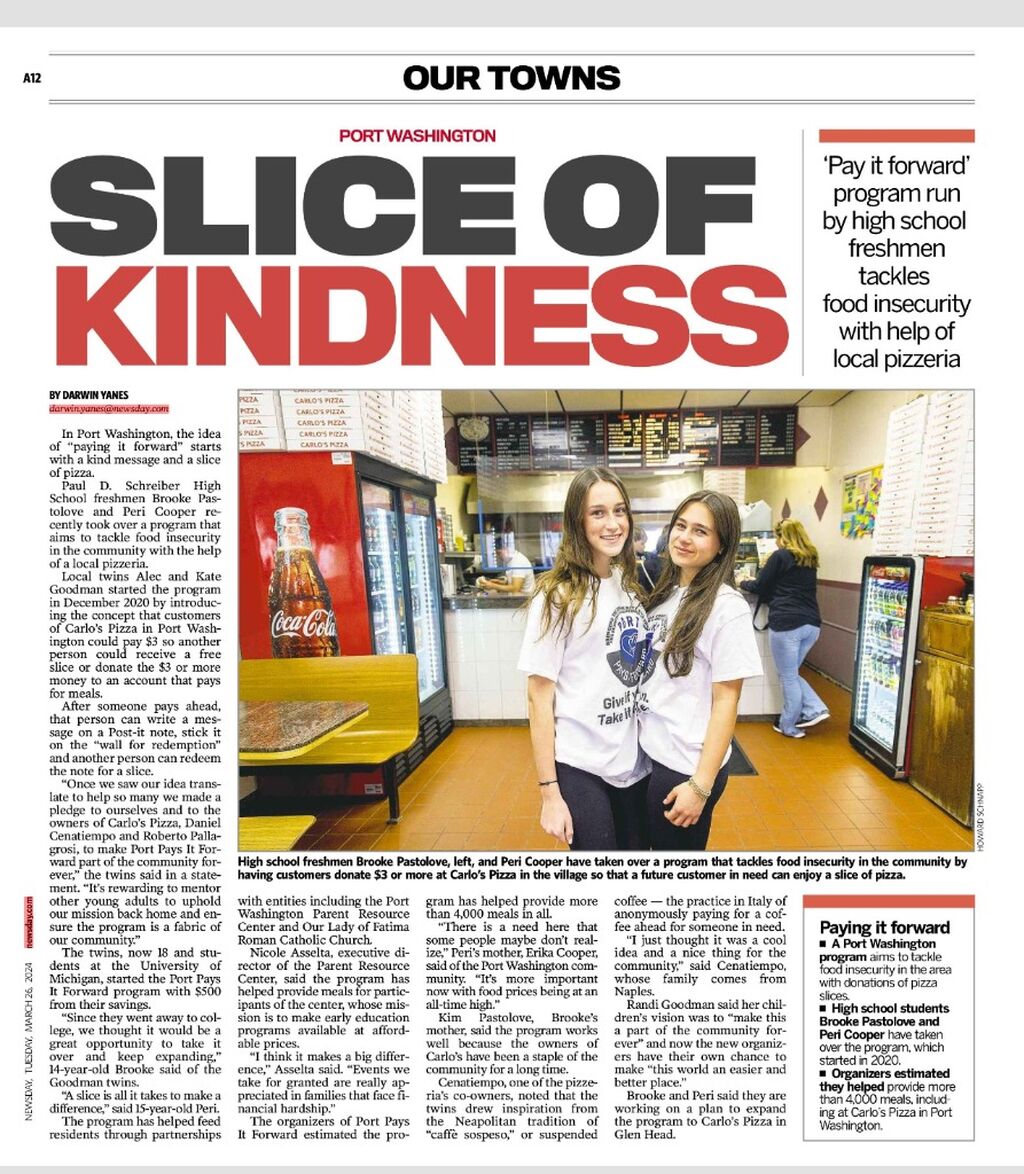 Newsday: Port Washington teens tackling food insecurity with program at local pizzeria