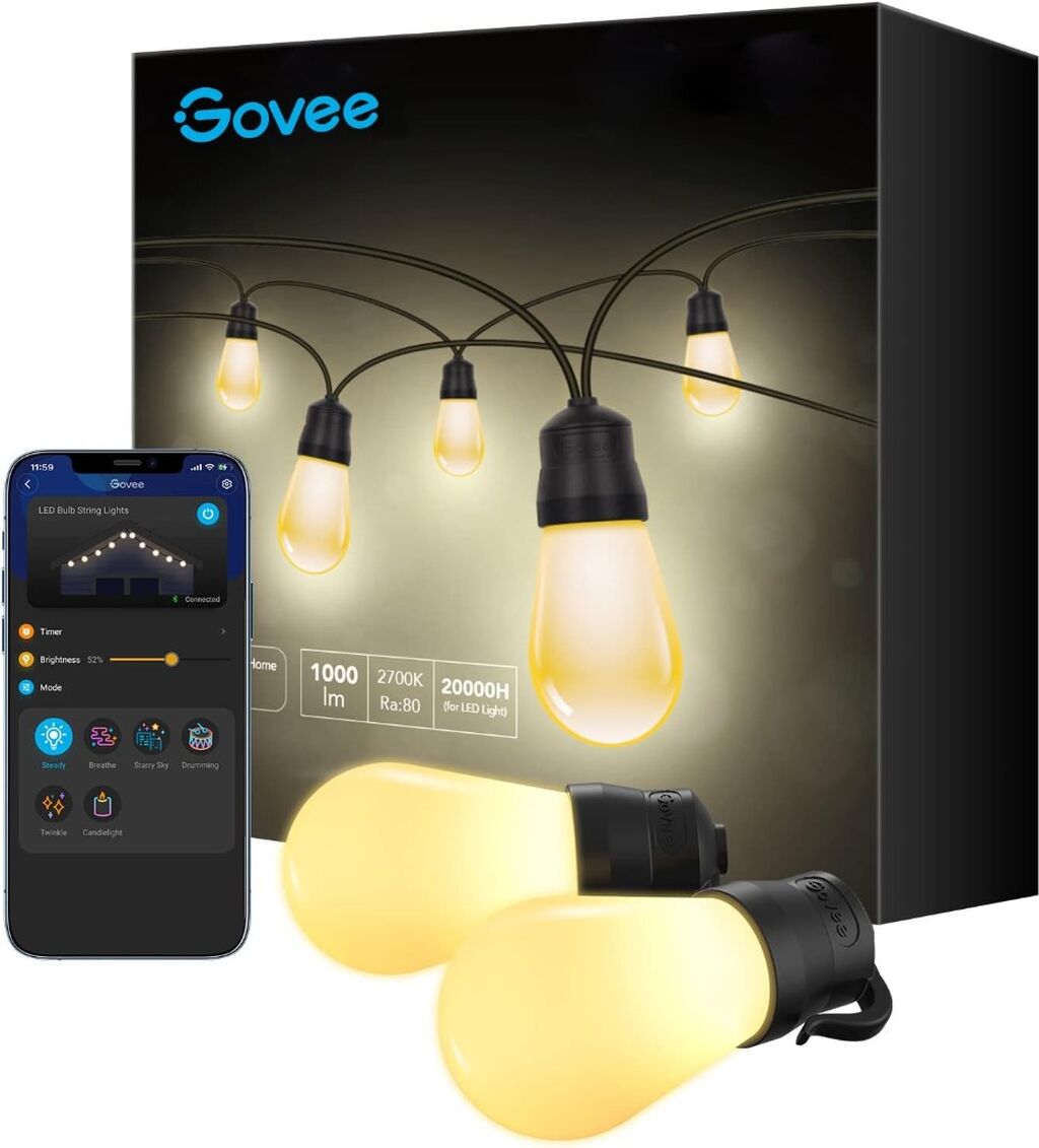 Govee Outdoor String Lights, 48ft Smart Outdoor String Lights with 15 Dimmable Warm White LED Bulbs