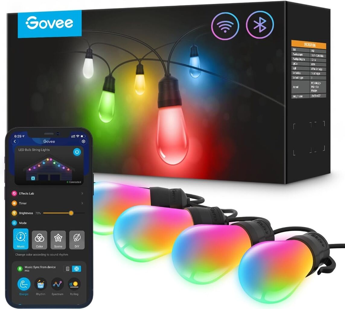 Govee Smart Outdoor String Lights, RGBIC Warm White 96ft (2 Ropes of 48ft) LED Bulbs,