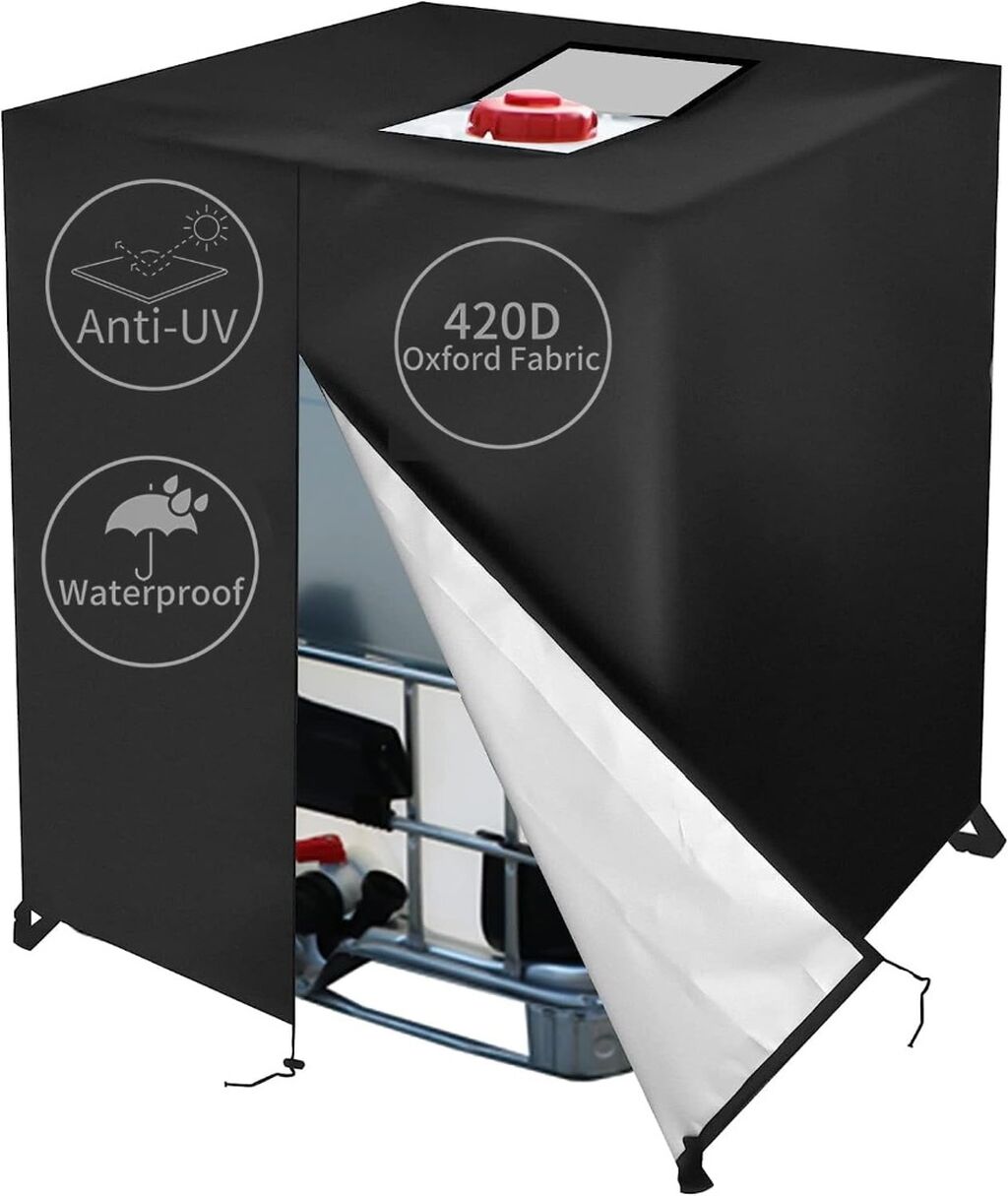 IBC Tote Cover for 275 Gallon Water Tank ,420D Heavy Duty water Proof Protective Hood for Outdoor 1000L Rain Barrel Water Tank,Waterproof Water Tank Cover with Zipper (black)