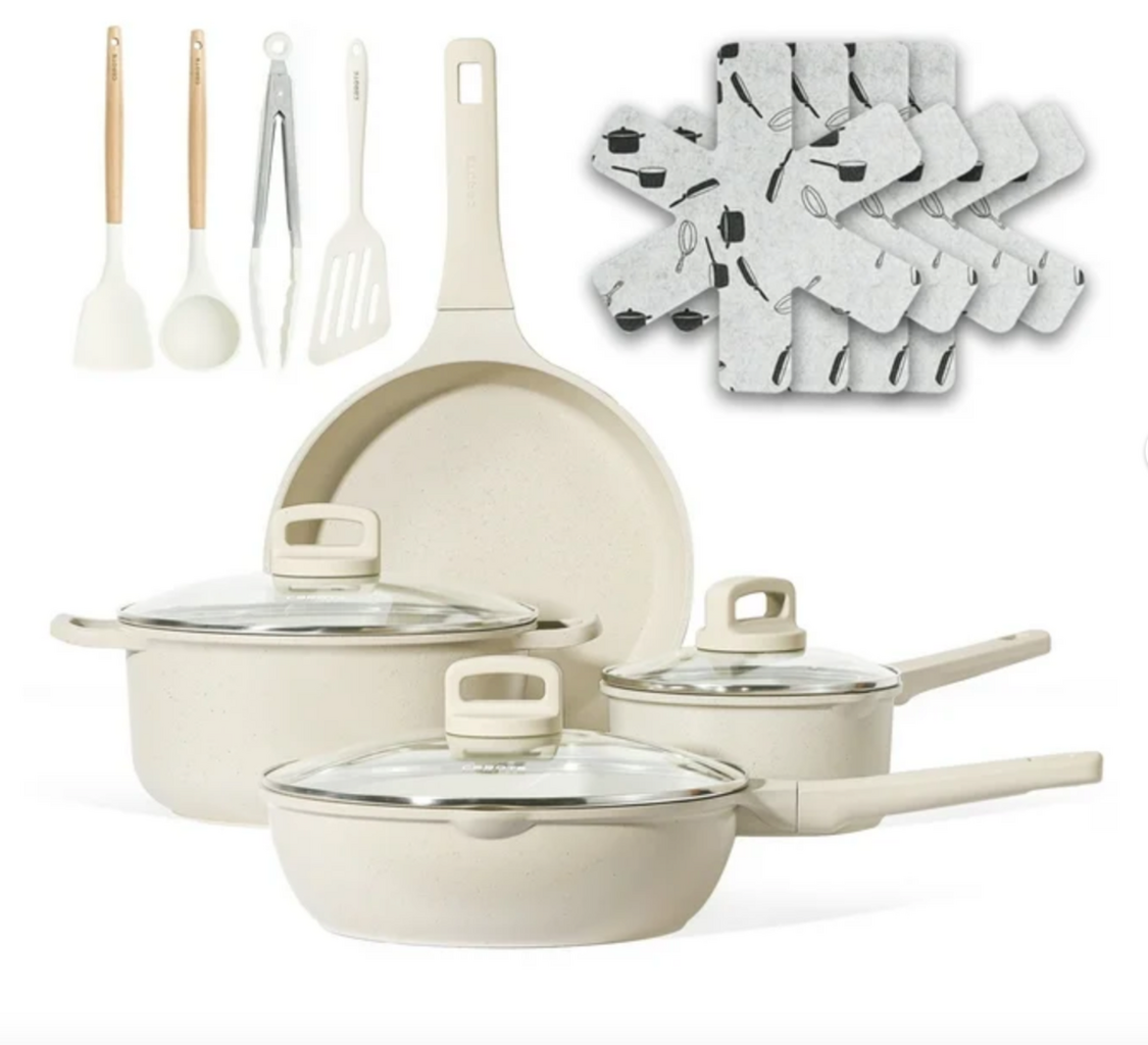 $59 reg $199Carote Nonstick Pots and Pans Set, 15 Pcs Induction Kitchen Cookware Sets (Beige Granite)