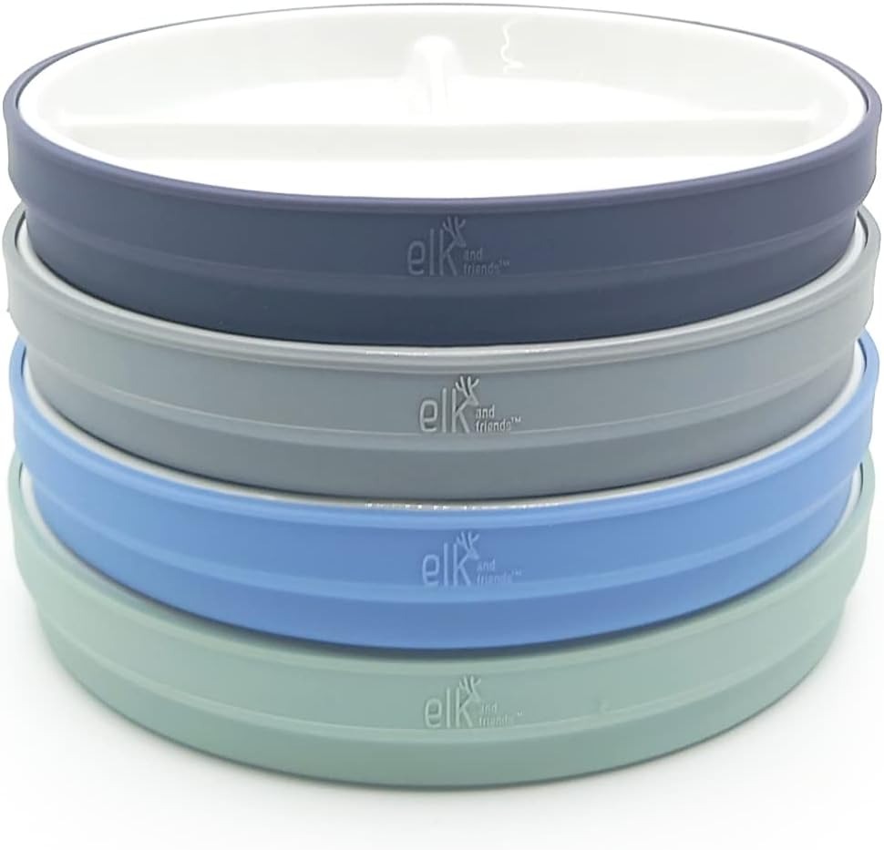 Elk and Friends Kids Porcelain White Plates with Silicone Sleeves