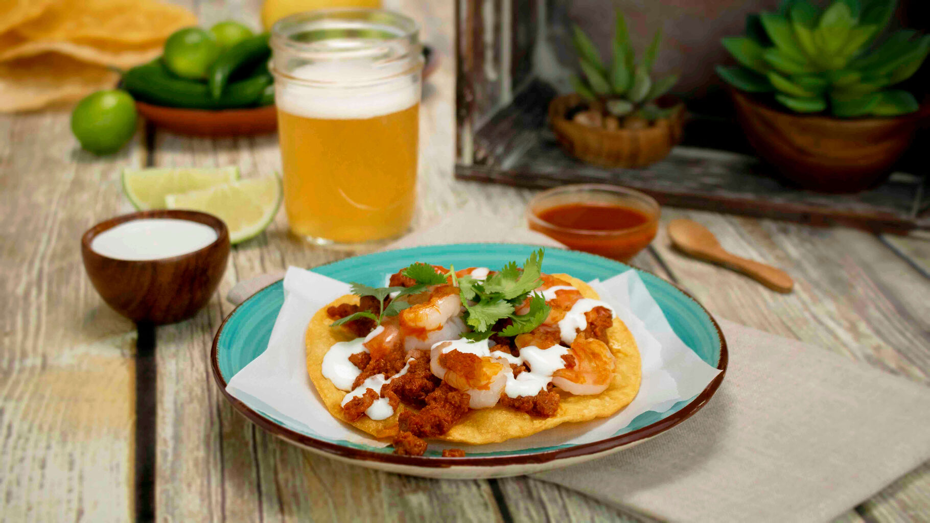 Grilled Shrimp And Chorizo Tostada | Cacique&reg; Inc.